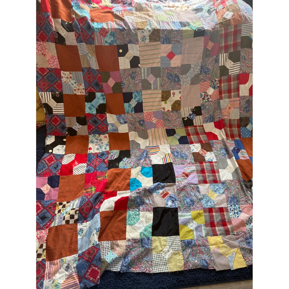 Vintage Handmade Patchwork Quilt Top Mixed Fabric Corduroy Paisley Plaid 72x84